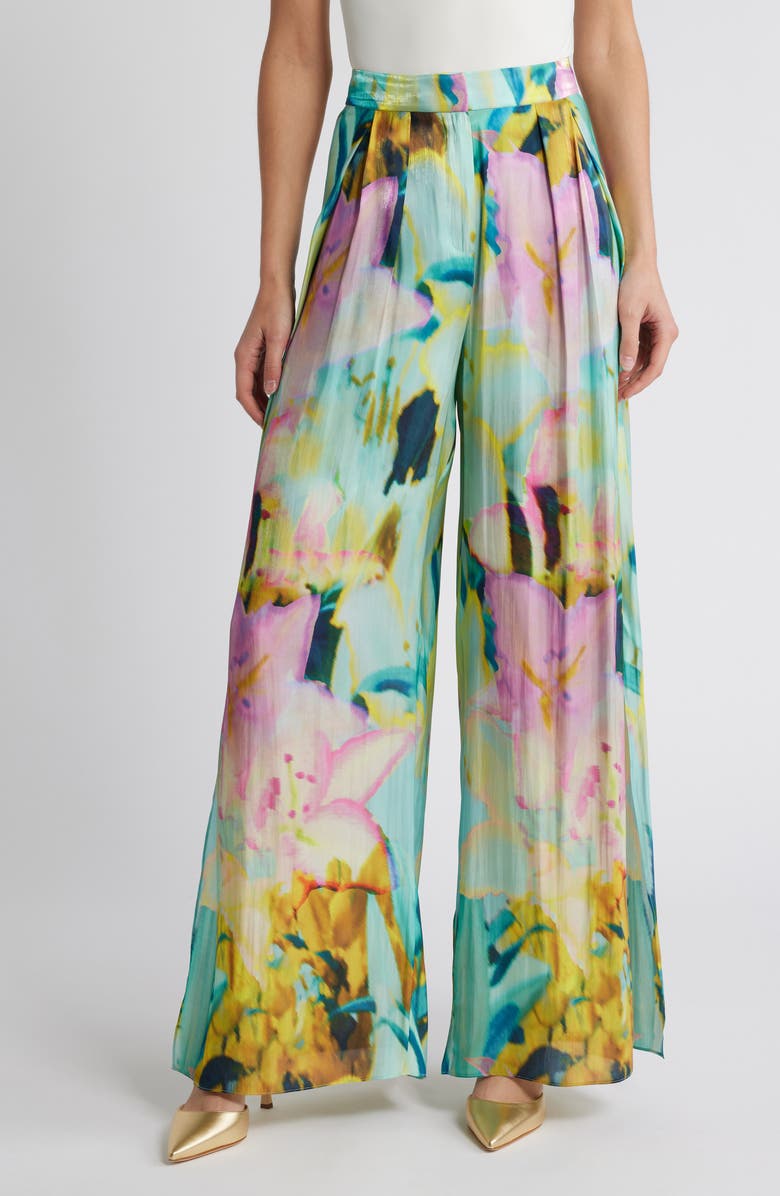 KOBI HALPERIN Loretta Floral Wide Leg Satin Pants, Main, color, Capri Multi