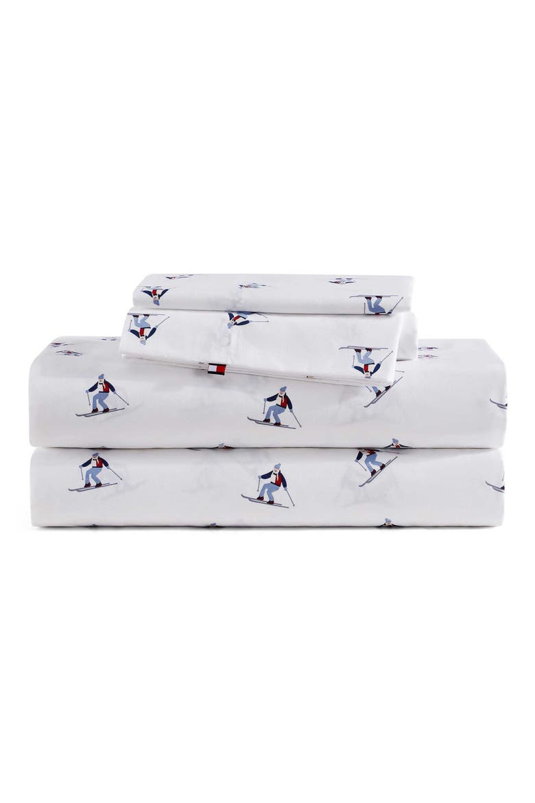 Aspen Ski Slopes 200 Thread Count Cotton Percale Sheet Set, Main, color, WHITE/ BLUE