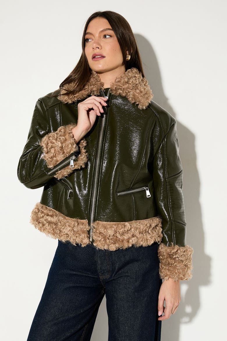 Premium Faux Fur Collar Aviator Jacket, Main, color, Olive