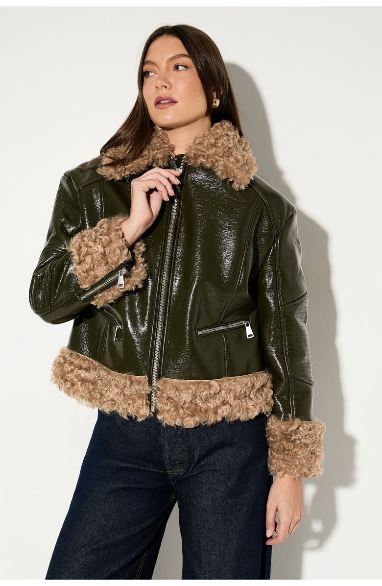 MissPap Premium Faux Fur Collar Aviator Jacket, Main, color, Olive
