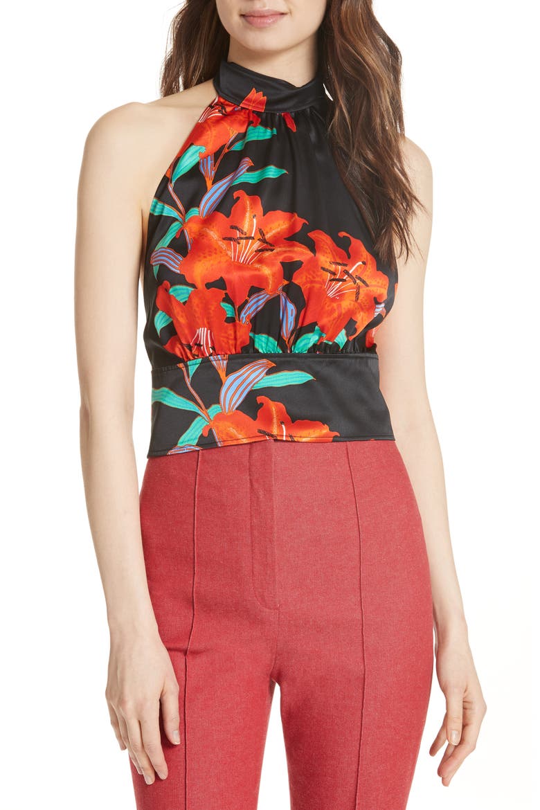 Diane von Furstenberg High Neck Open Back Silk Blouse, Main, color, ARGOS BLACK