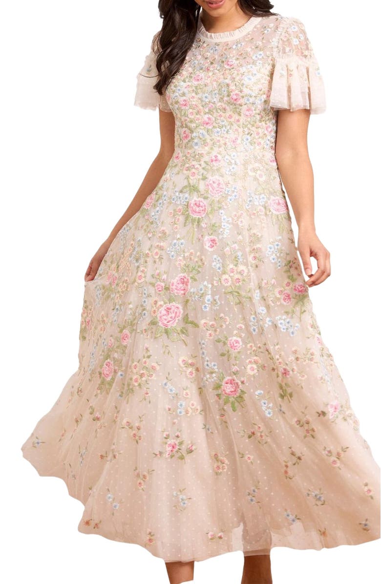 Needle & Thread Antoinettes Floral Round Neck Midi Gown, Alternate, color, Cream