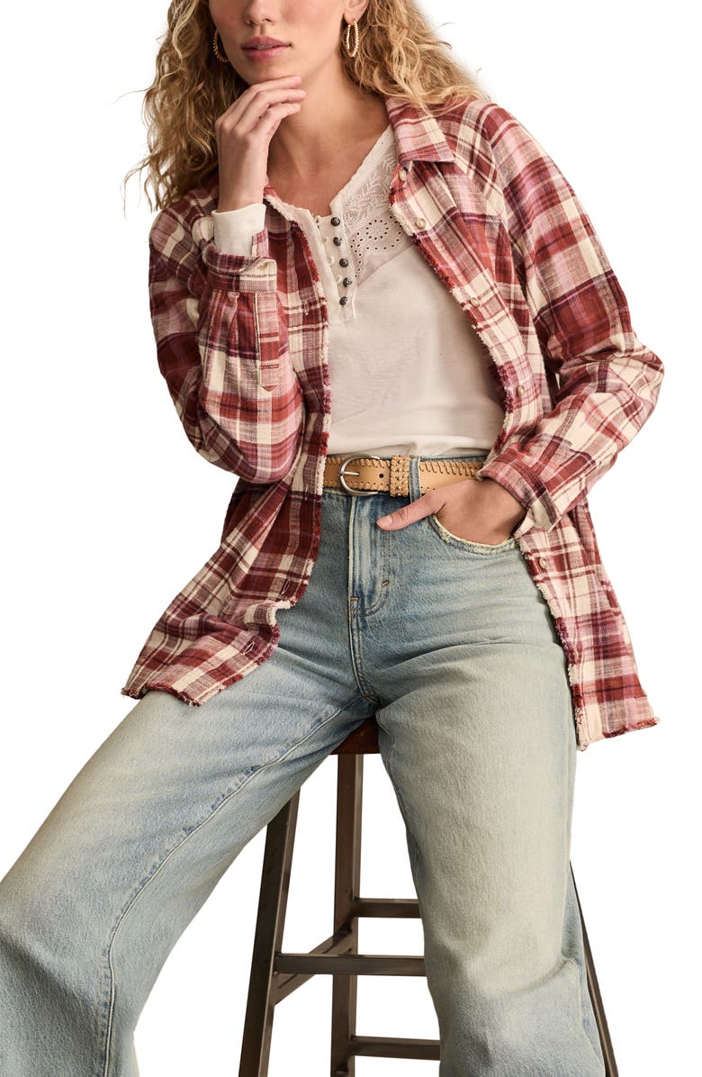 Lucky Brand Frayed Plaid Button-Up Tunic Shirt, Alternate, color, Burgundy Plaid