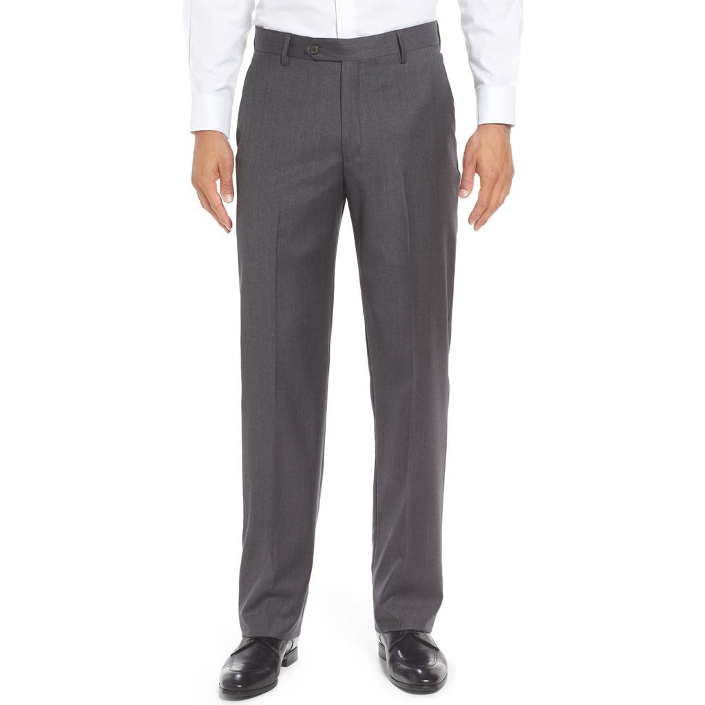 Berle Flat Front Solid Super 130s Wool Gabardine Trousers In Gray