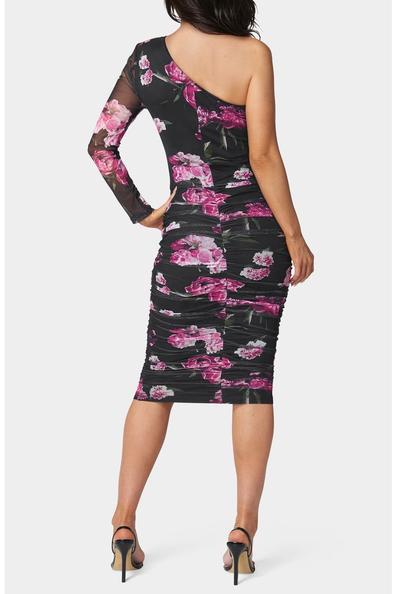 Floral One Sleeve Ruched Mesh Midi Dress, Alternate, color, BLACK MULTI