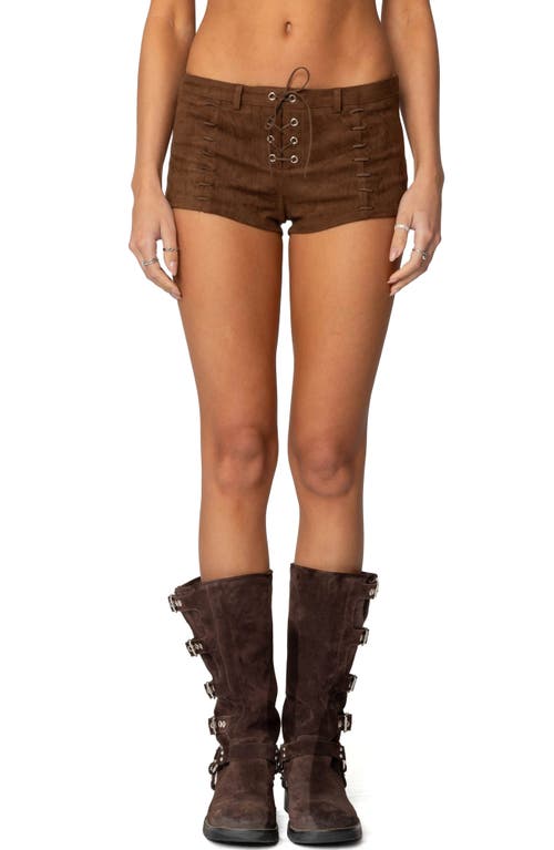 Edikted Sloane Faux Suede Micro Shorts In Brown