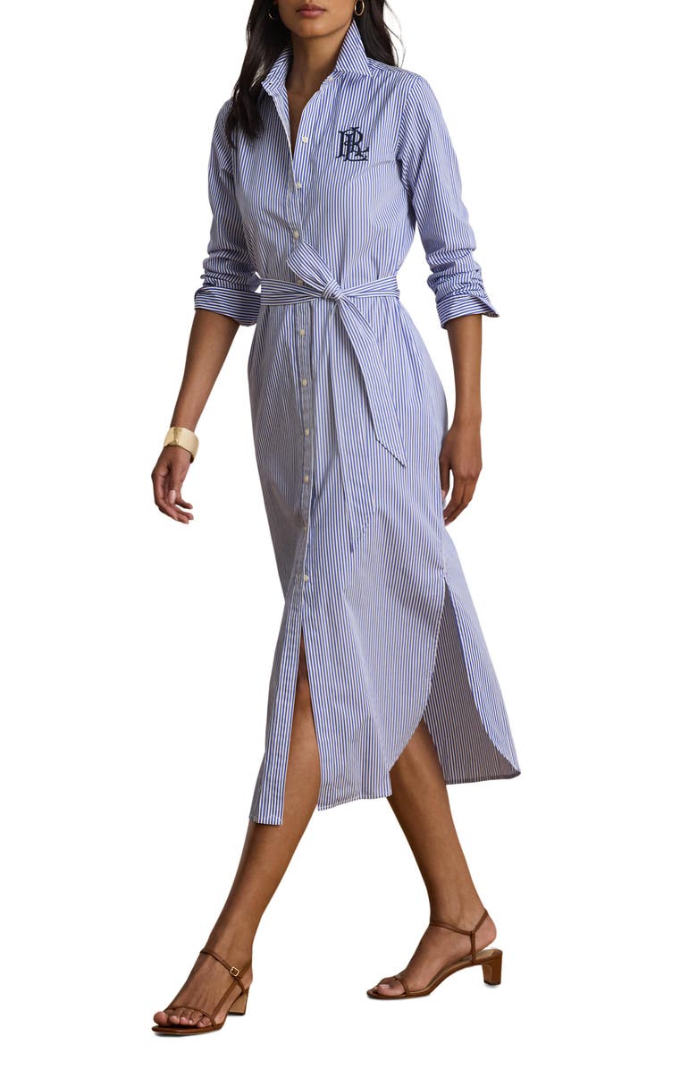 Lauren Ralph Lauren Amity Embroidered Logo Stripe Long Sleeve Cotton Midi Shirtdress, Main, color, Blue/ White