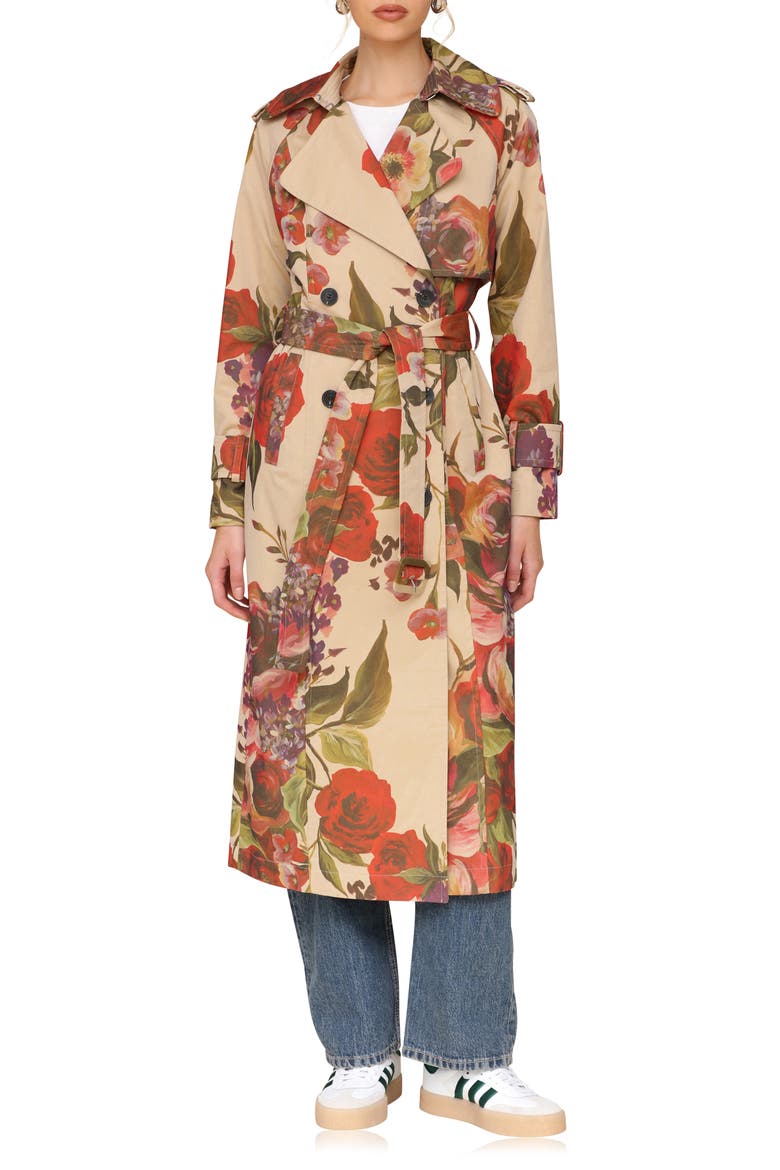 Rose Print Belted Double Breasted Cotton Blend Trench Coat, Main, color, TAN PORTOFINO ROSE