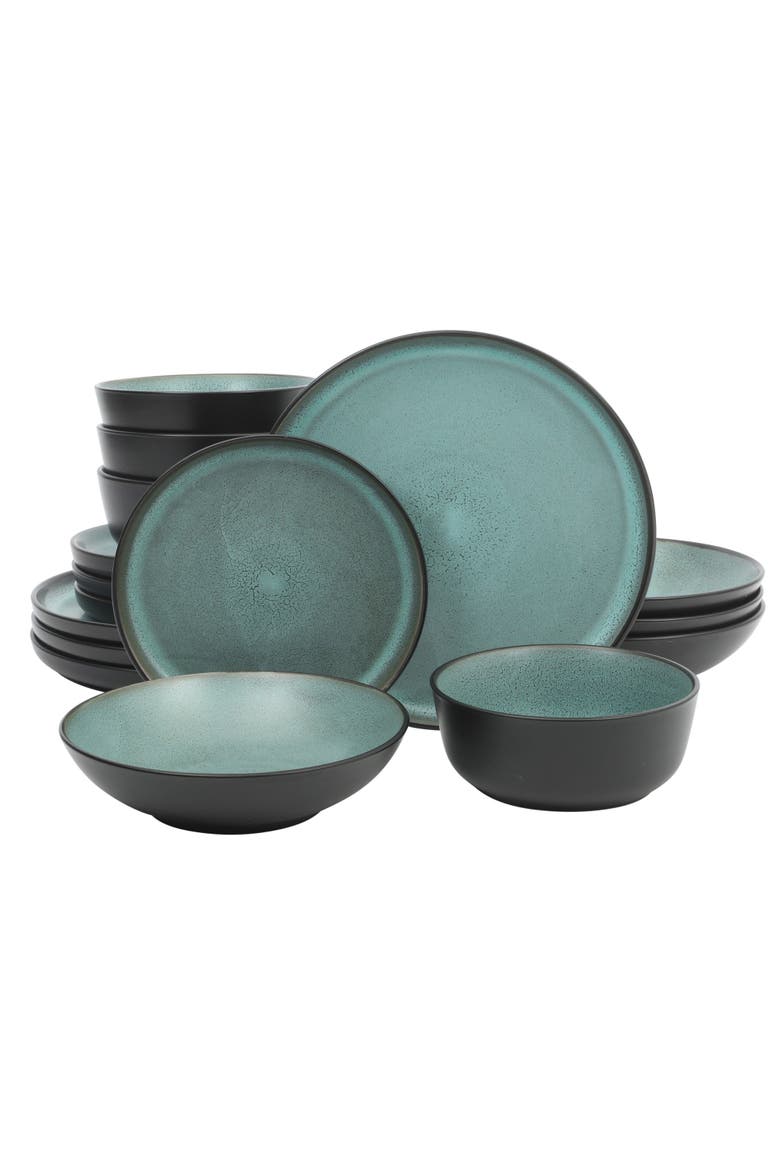 Tribeca Loft 16-Piece Double Bowl and Plates Stoneware Dinnerware Set, Service for 4, Dishwasher & Microwave Safe, Main, color, Matte Green