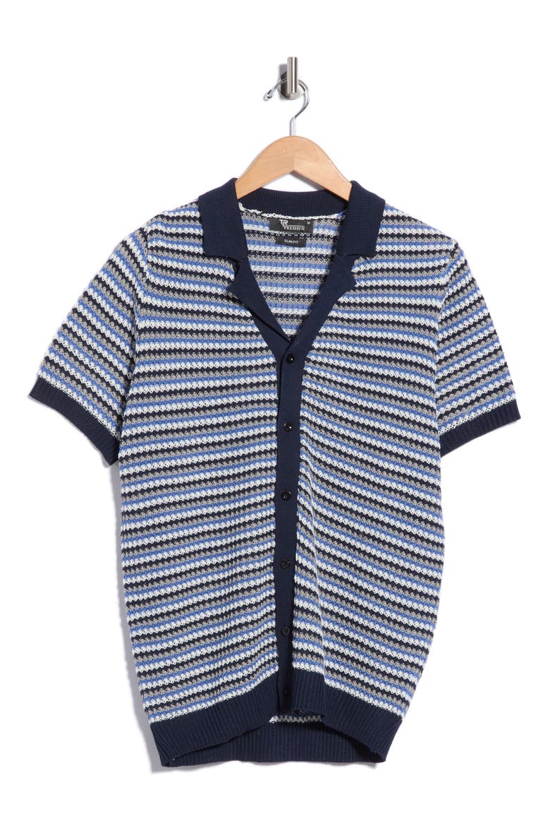 Striped Textured Knit Button Front Camp Shirt, Main, color, NAVY
