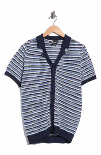 Striped Textured Knit Button Front Camp Shirt