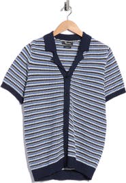 T.R. PREMIUM Striped Textured Knit Button Front Camp Shirt