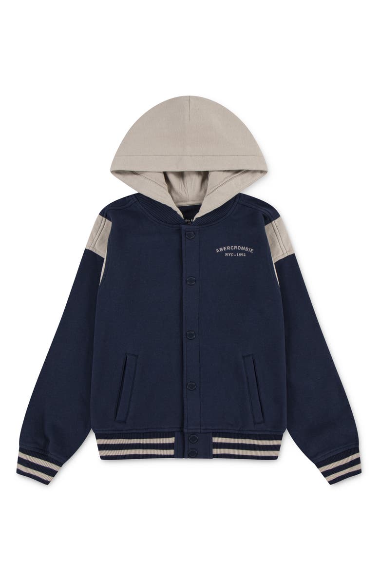 abercrombie kids Kids
Colorblock Hooded Fleece Bomber Jacket, Main, color, Navy Blazer