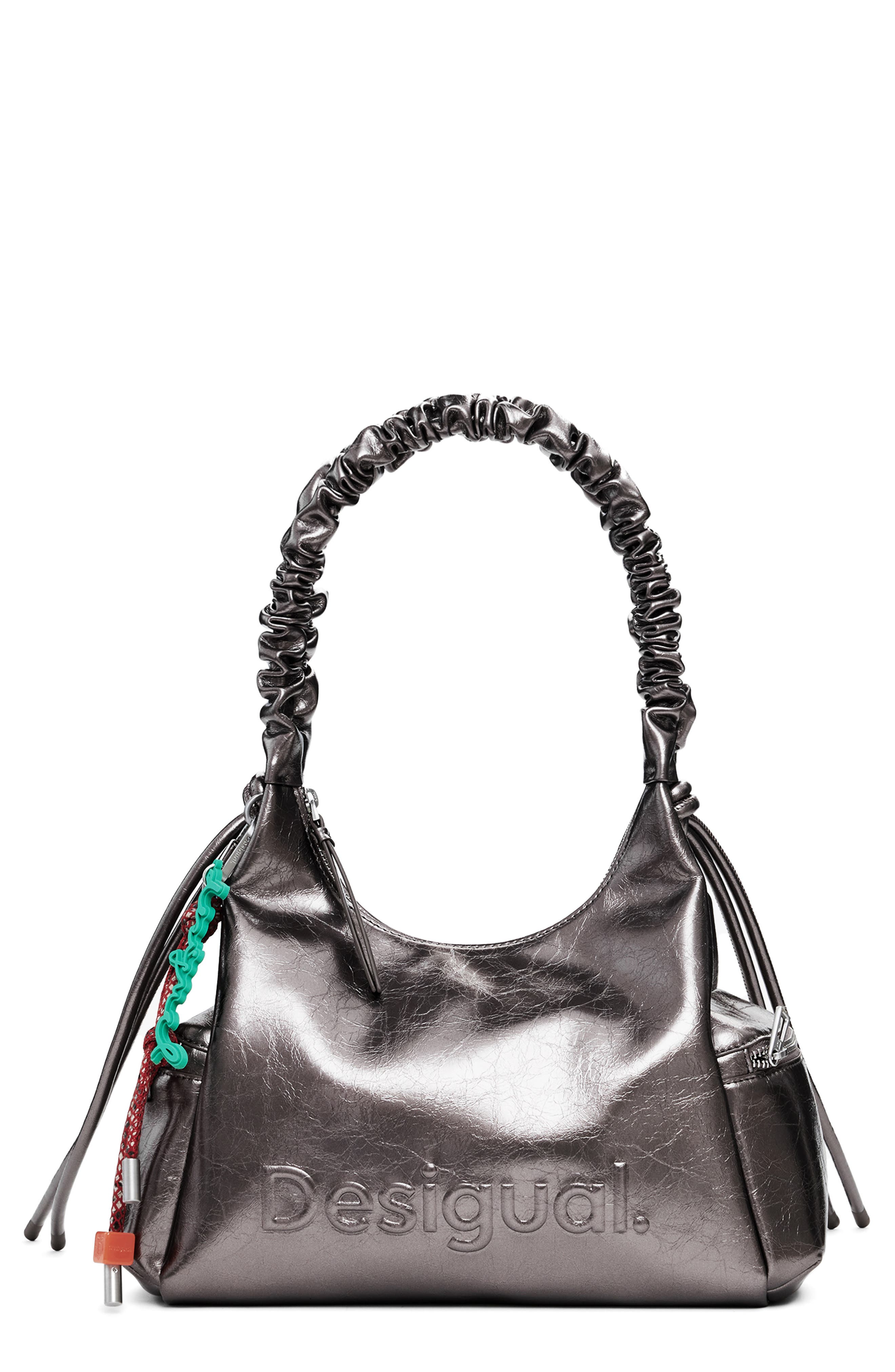 Desigual Medium Metallic Faux Leather 3D Logo Shoulder Bag, Main, color, Silver