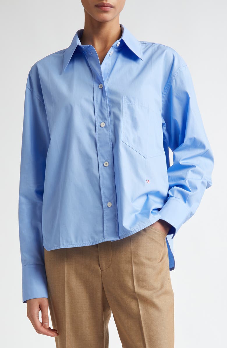 Victoria Beckham Crop Organic Cotton Poplin Button-Up Shirt, Main, color, Oxford Blue