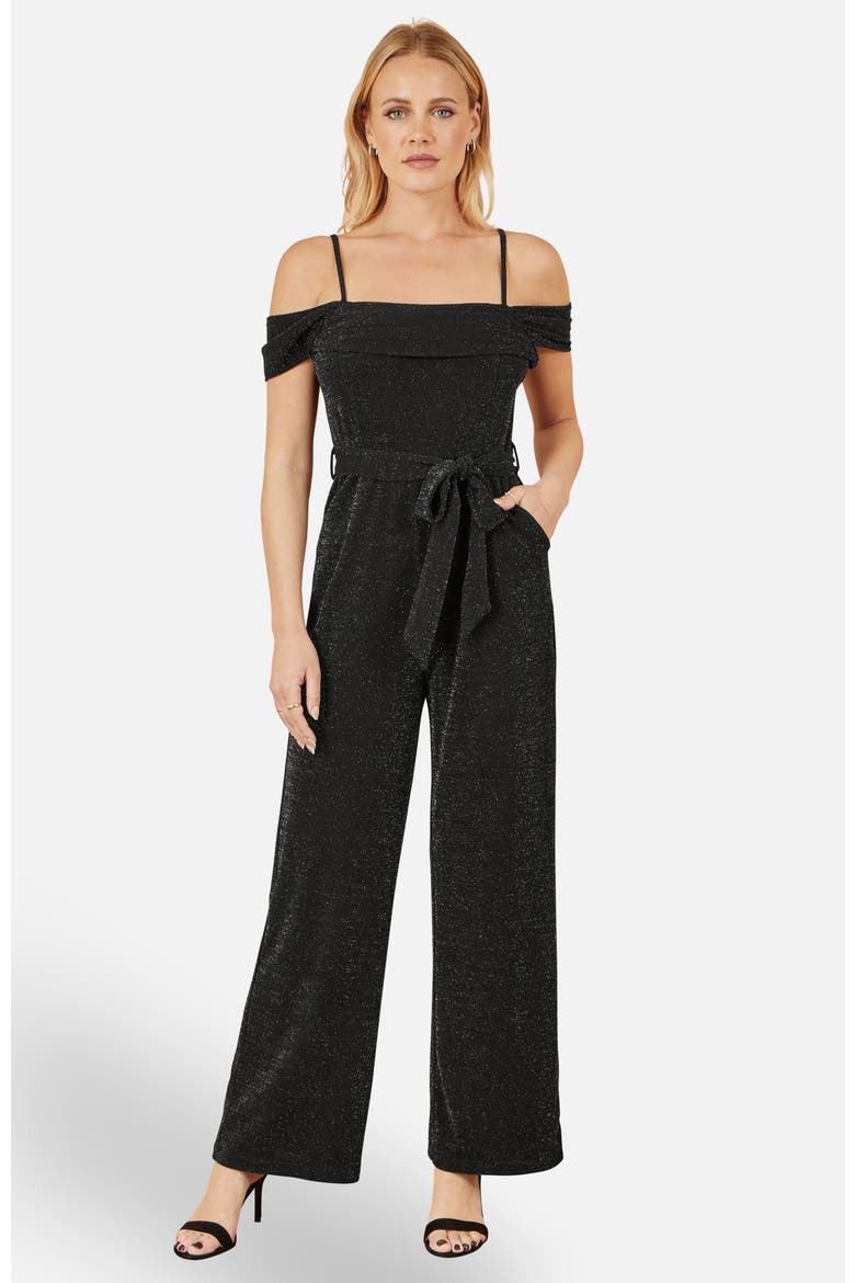 Sparkle Stretch Bardot Jumpsuit, Main, color, Black