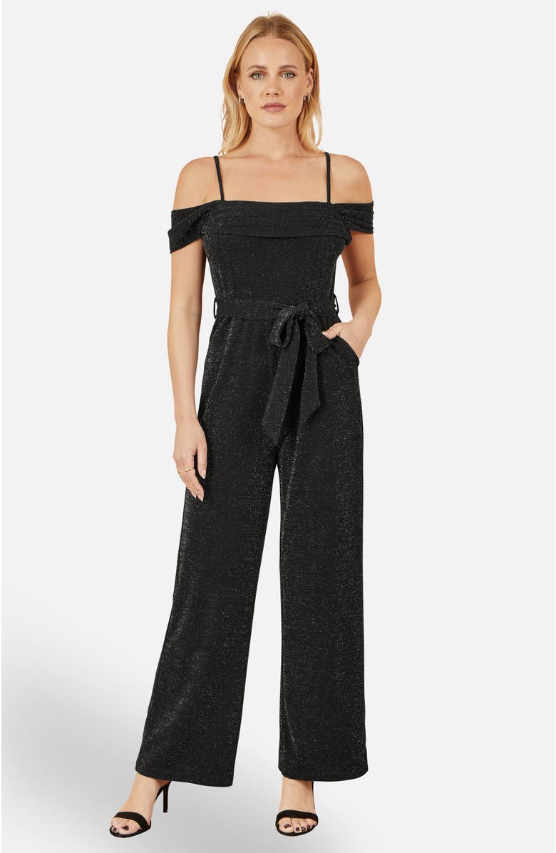 Yumi Sparkle Stretch Bardot Jumpsuit, Main, color, Black