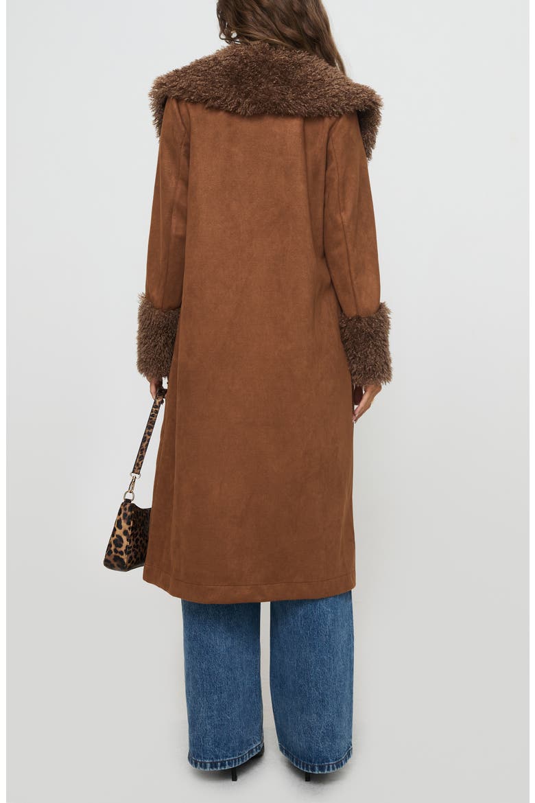 After Party Faux Suede Long Coat with Faux Shearling Trim, Alternate, color, BROWN