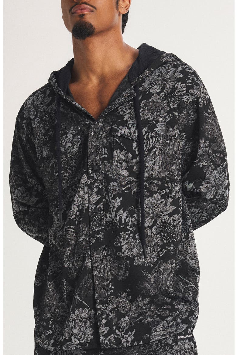 Bold Bloom Hooded Snap-Up Shirt, Main, color, BLACK CAVIAR
