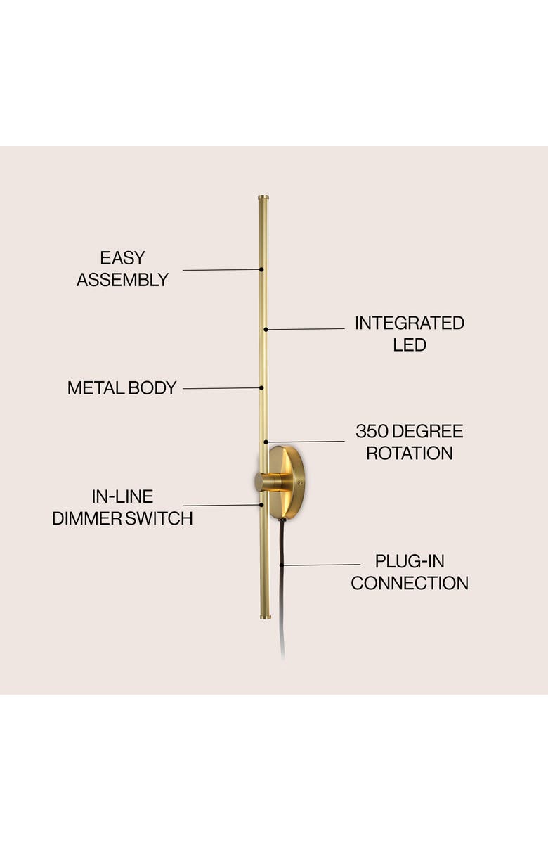JONATHAN Y Anton 1-Light Modern Minimalist Iron Adjustable Bar Integrated LED Plug-In Sconce, Alternate, color, Brass Gold