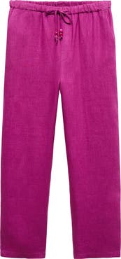 MANGO Elastic Waist Crop Straight Leg Linen Pants