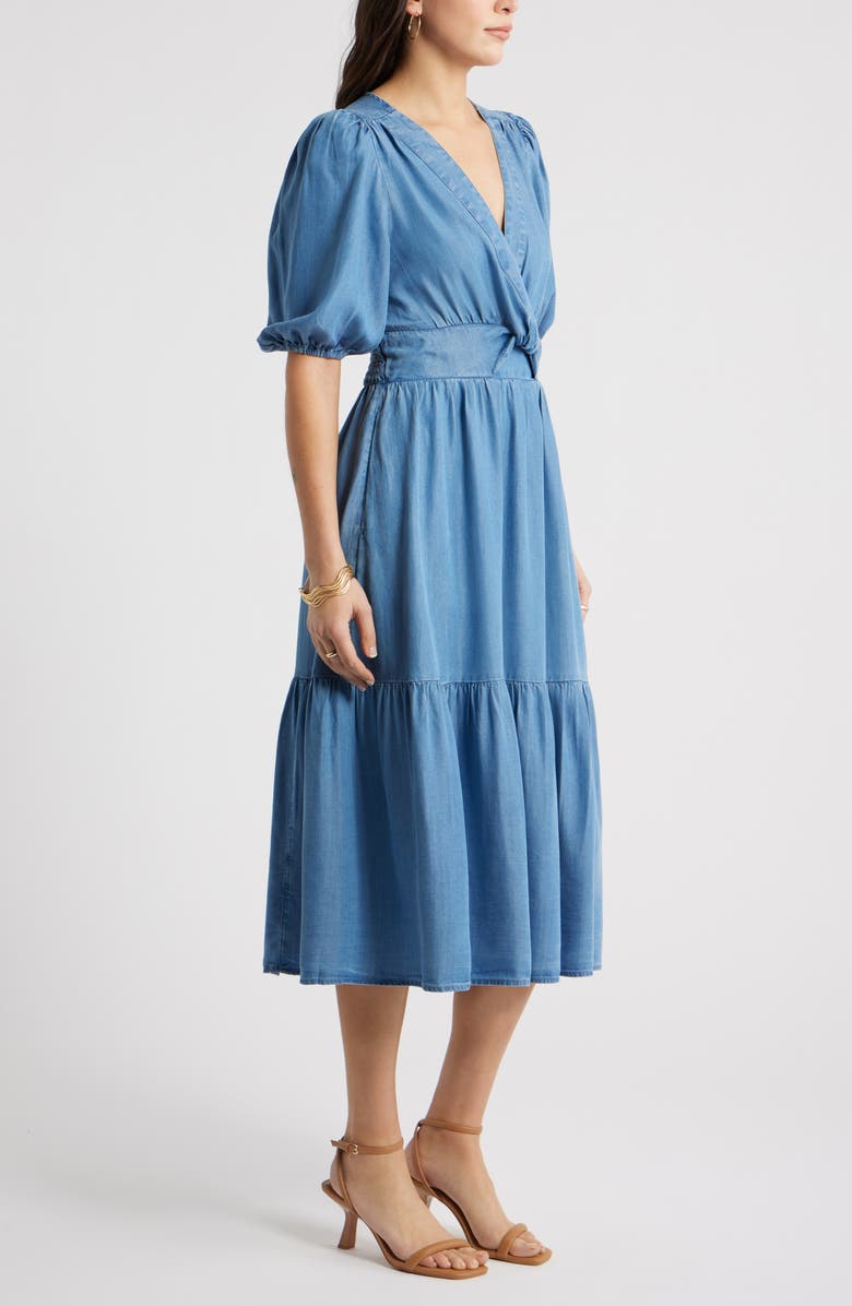 Caslon<sup>®</sup> Twist Front Puff Sleeve Chambray Midi Dress, Alternate, color, Medium Wash