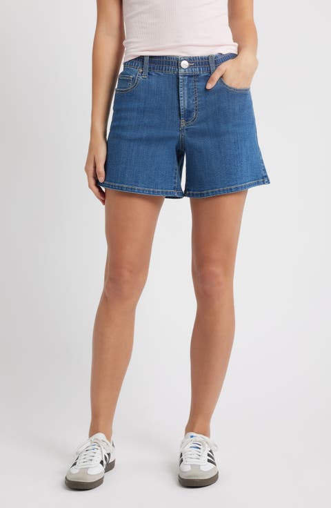 High Waist A-Line Mid Thigh Denim Shorts (Iman)