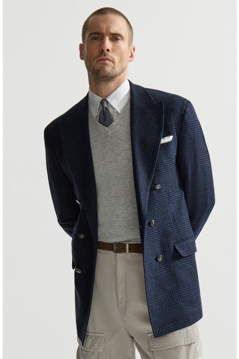 Comfort wool and cashmere Prince of Wales flannel one-and-a-half breasted Tailor blazer with metal buttons, Alternate, color, Blue