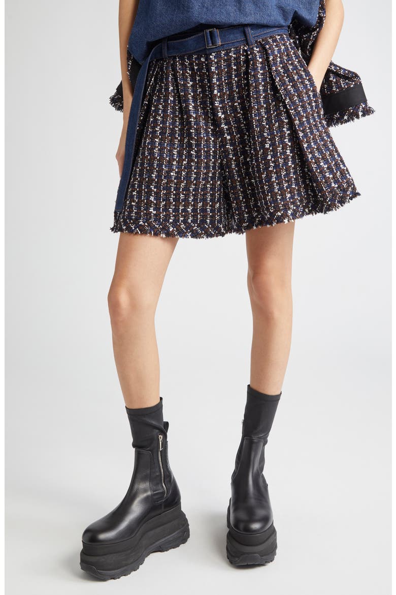 Mixed Media Denim & Tweed Shorts, Main, color, BLUE/ NAVY