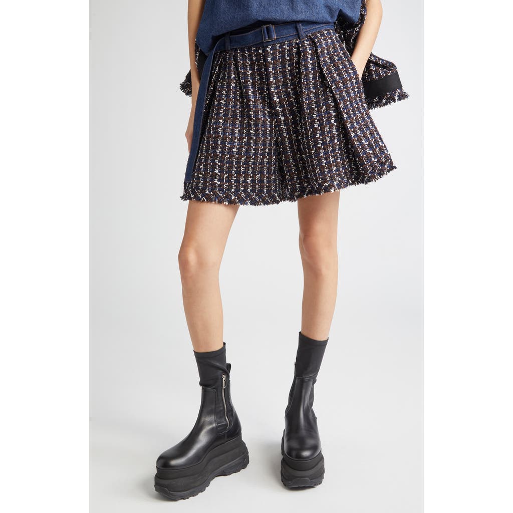 Sacai Mixed Media Denim & Tweed Shorts In Black