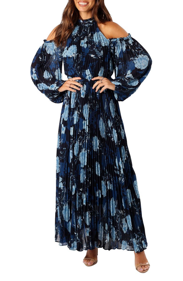 Petal & Pup Hilary Floral Cold Shoulder Long Sleeve Maxi Dress, Main, color, Blue Floral