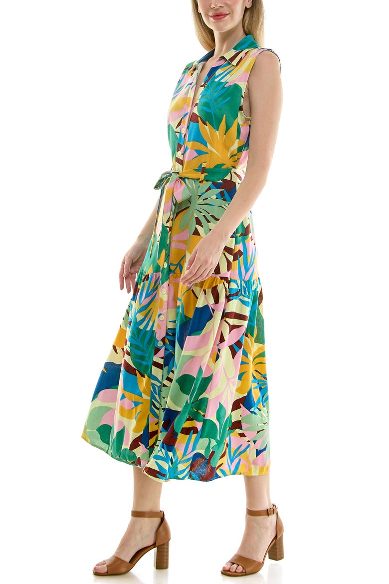 Sleeveless Belted Midi Shirtdress, Alternate, color, ABSTRACT BOTANICAL GREEN
