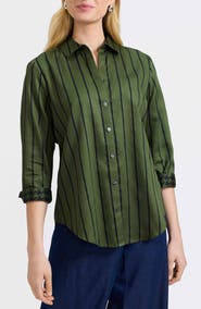 Foxcroft Margie Stripe Three-Quarter Sleeve Button-Up Shirt