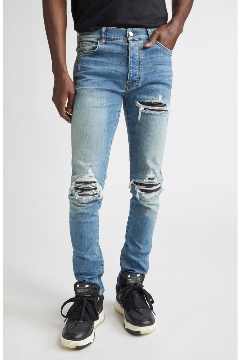 MX1 Leather Patch Ripped Skinny Jeans, Main, color, DARK INDIGO