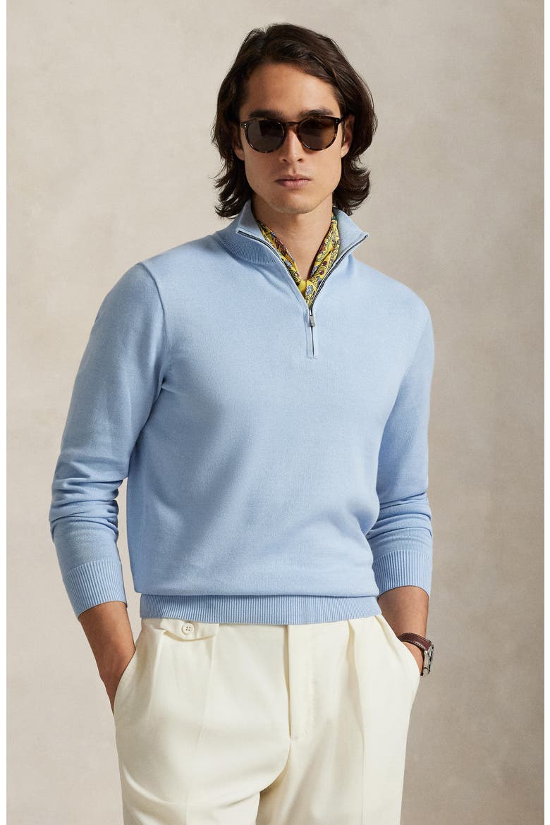 Mock Neck Cotton Quarter Zip Sweater, Alternate, color, BLUE