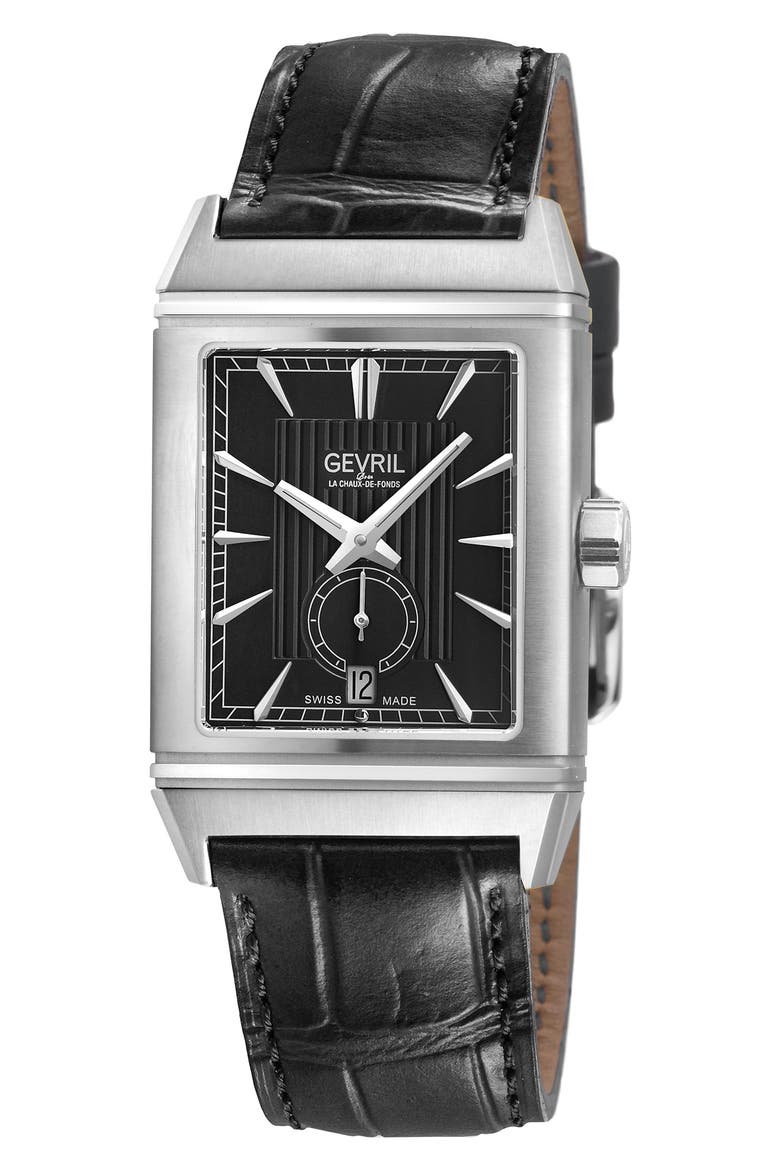 Time Square Croc Embossed Leather Strap Watch, 31mm x 43mm, Main, color, BLACK