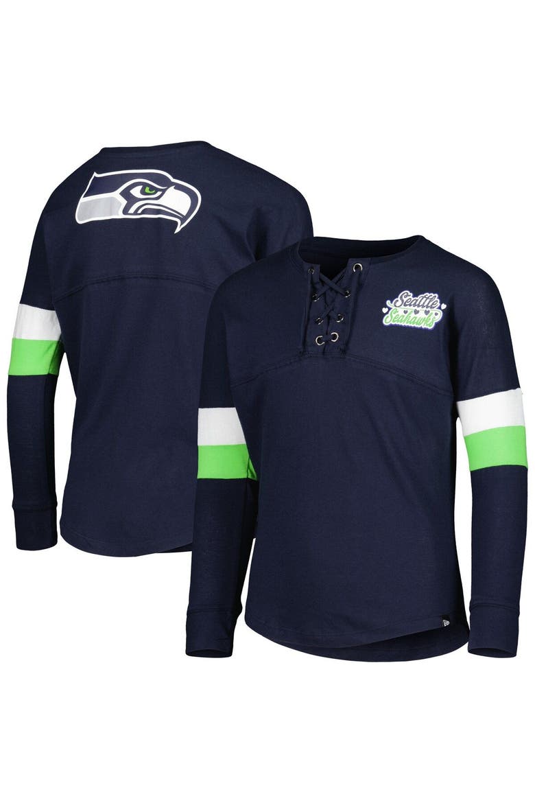 Girls Youth New Era College Navy Seattle Seahawks Lace-Up Long Sleeve T-Shirt, Main, color, Navy