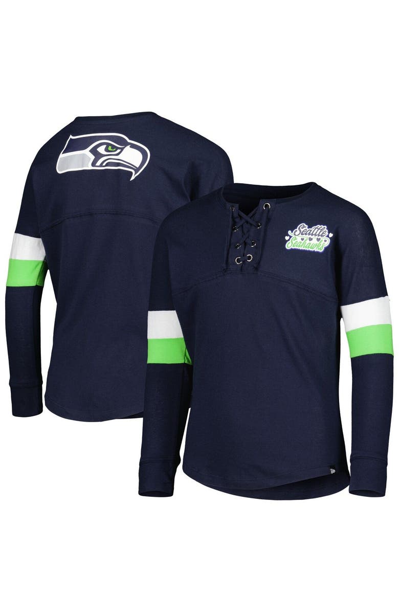 New Era Girls Youth New Era College Navy Seattle Seahawks Lace-Up Long Sleeve T-Shirt, Main, color, 