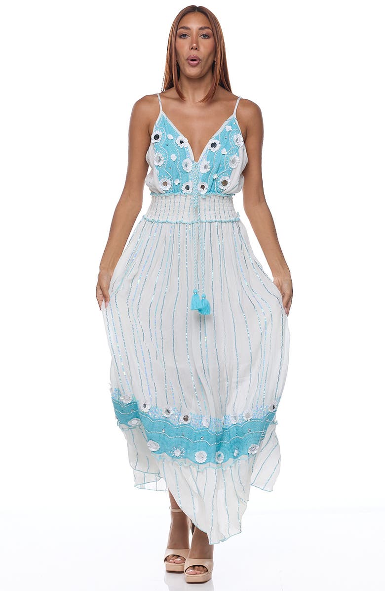 RANEES Embellished Cotton Cover-Up Maxi Dress, Alternate, color, White/ Blue