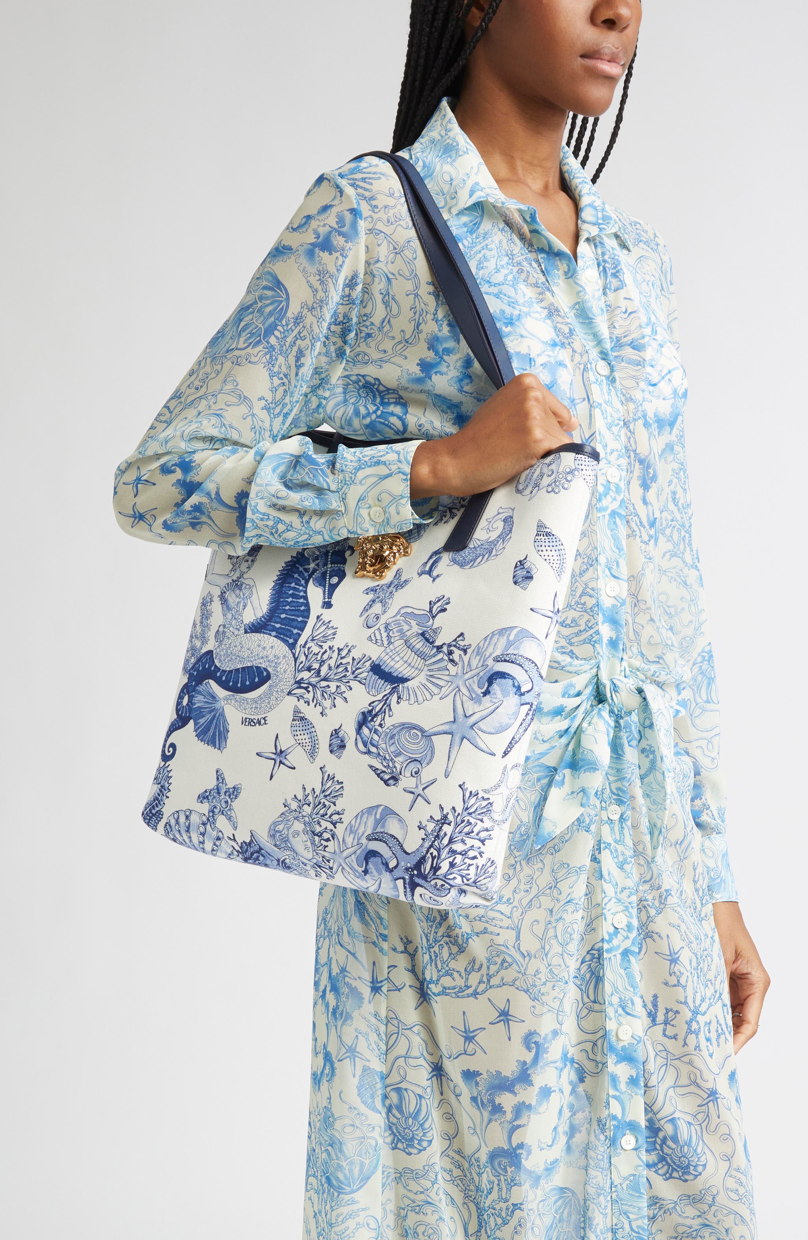 Versace Coral Theater Print Canvas Tote, Alternate, color, 