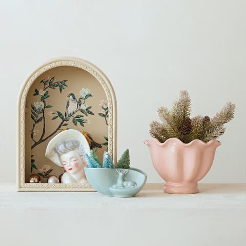 Arched Reclaimed Wood Wall Shelf with Stone Bird Detail