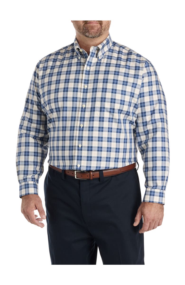 Brooks Brothers Big & Tall Non-Iron Plaid Twill Sport Shirt, Alternate, color, Ivory Navy Plaid