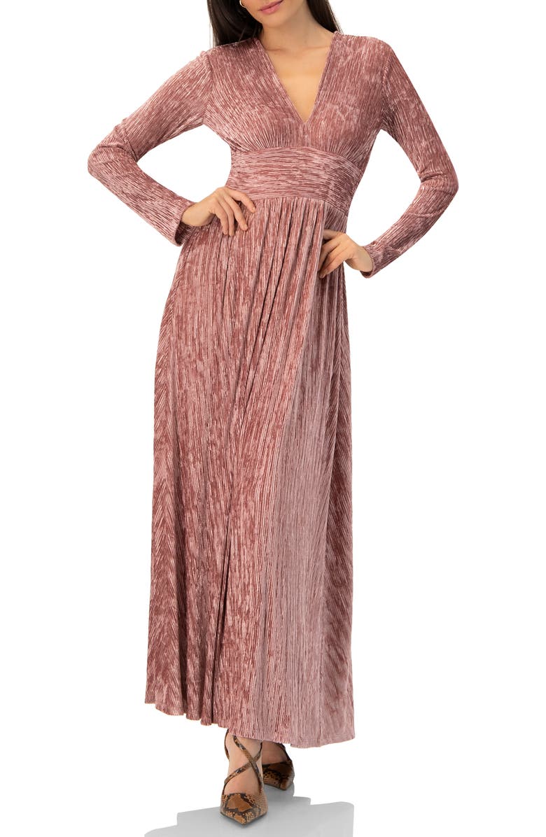 IVONNE Long Velvet Pleated V-Neck Dress, Main, color, Dark Pink