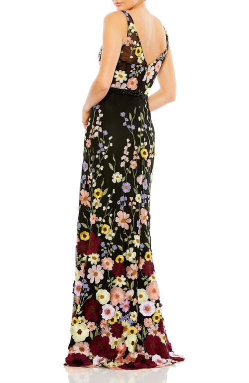 Mac Duggal Embroidered Tulle Sleeveless V Neck A Line Gown In Black Multi