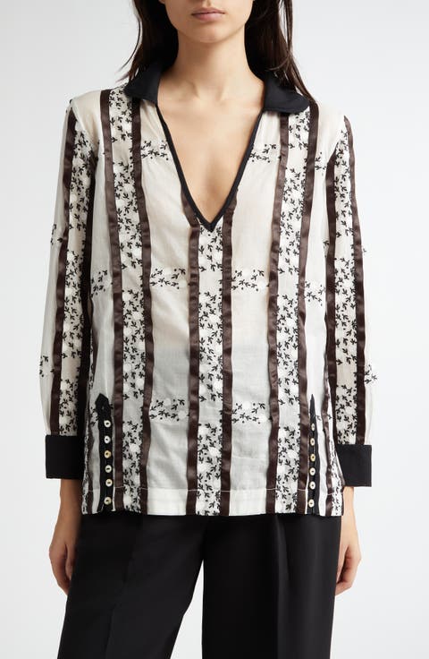 Lattice Sprig Embroidered Cotton Top