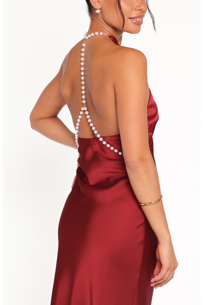 Jeannie Imitation Pearl Detail Satin Maxi Dress, Alternate, color, DARK RED