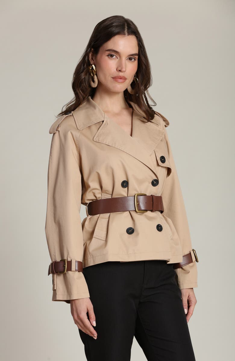Avec Les Filles Short Trench Jacket with Faux Leather Belt, Alternate, color, Camel