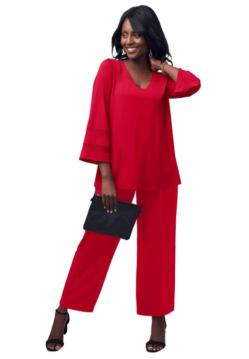 Jessica London Stretch Knit Mesh Inset Sleeve Tunic In Red