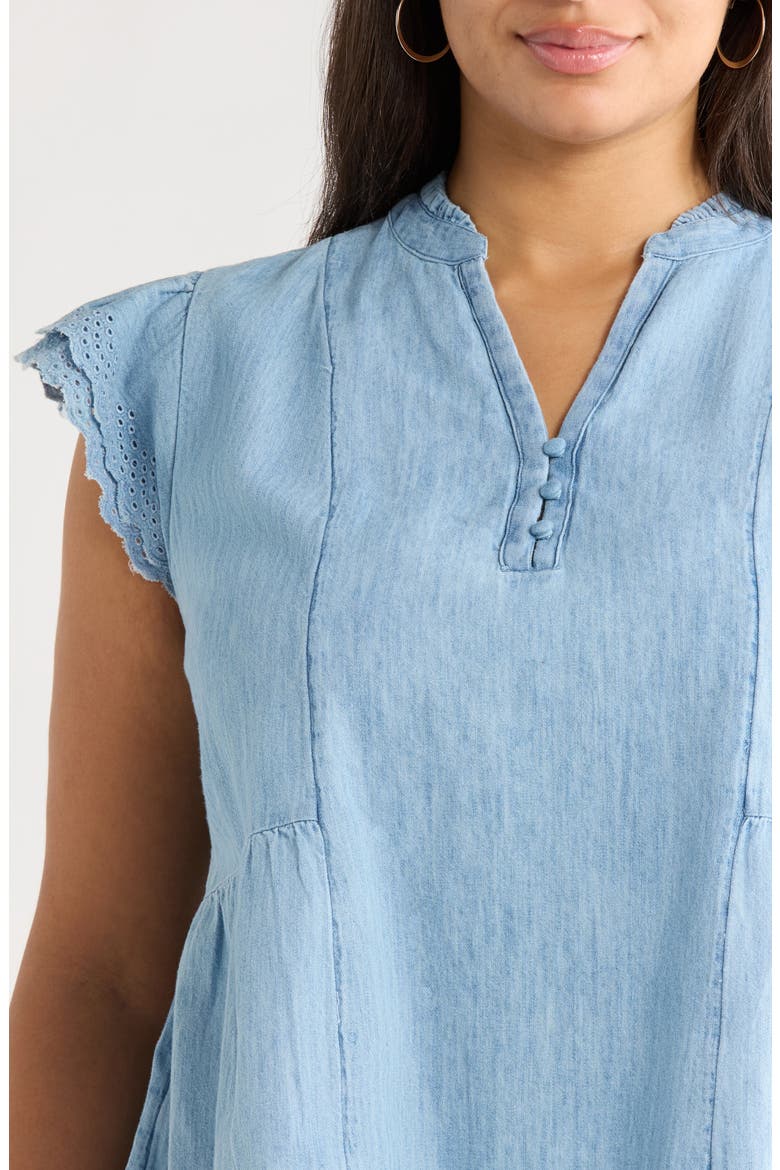 Ruffle Eyelet Chambray Popover Top, Alternate, color, LIGHT WASH