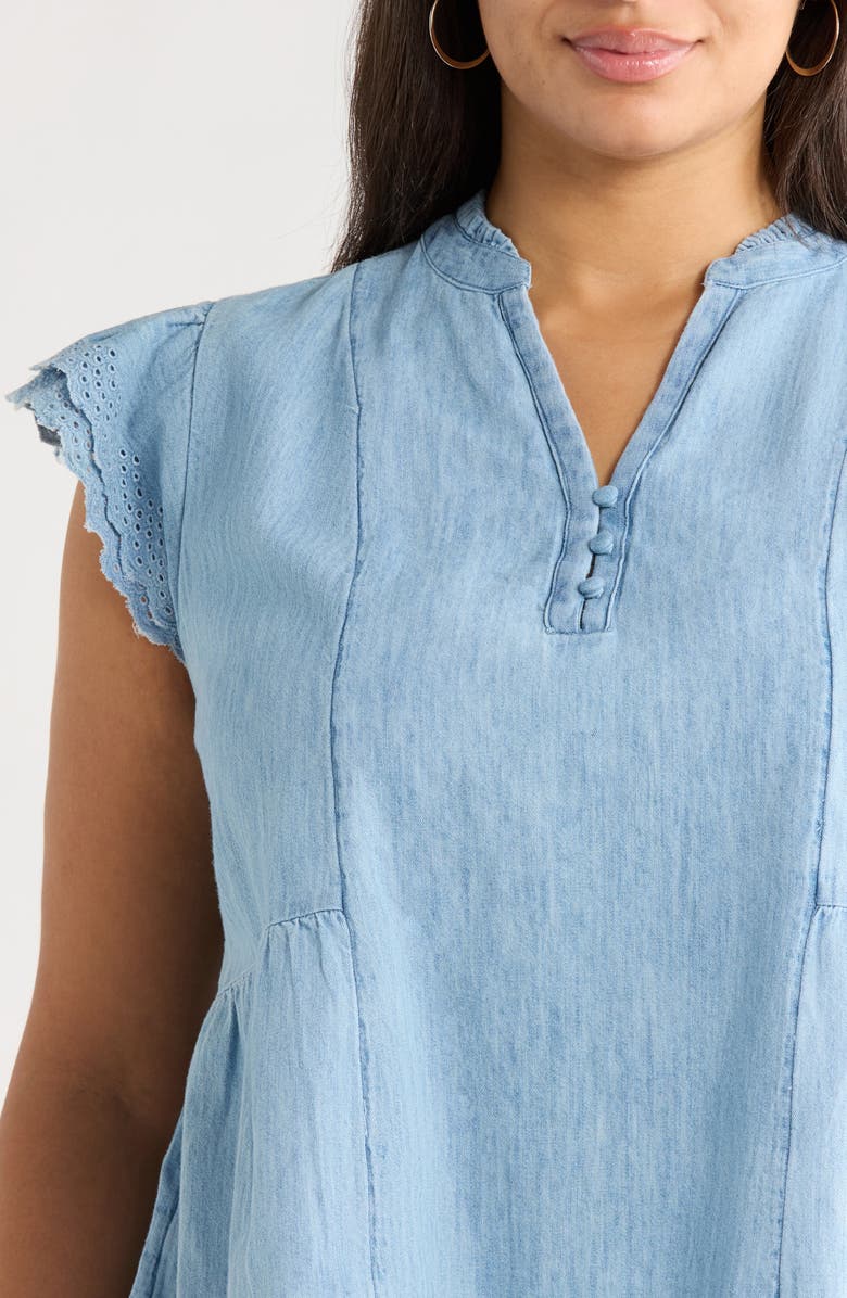 Caslon<sup>®</sup> Ruffle Eyelet Chambray Popover Top, Alternate, color, Light Wash